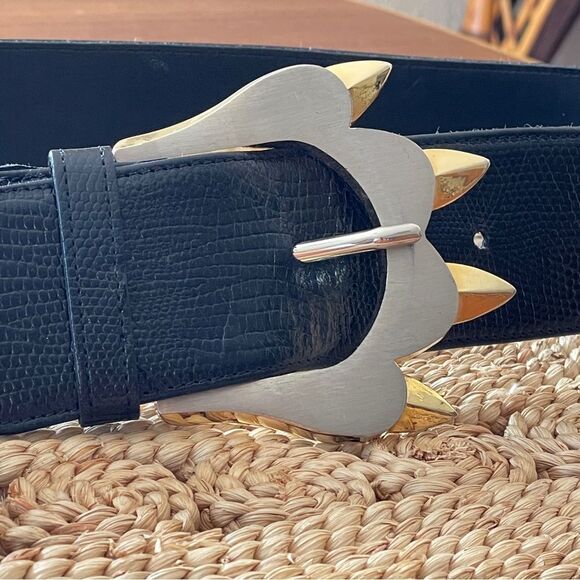 Bon Soir Made In France Belt Black with Large Silver and Gold Claw Buckle Large - Picture 3 of 14